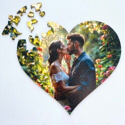 Дървен пъзел сърце по Ваша снимка с фигурни части  + подарък дървена кутия