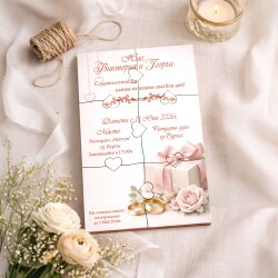 Дървена покана тип пъзел за сватба 003