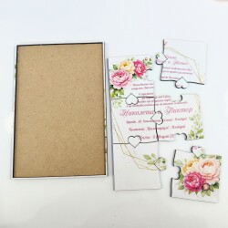 Дървена покана тип пъзел за сватба 005