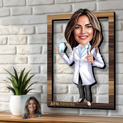 3Д карикатура Зъболекарка със зъб и огледалце 3Д карикатура Зъболекарка със зъб и огледалце