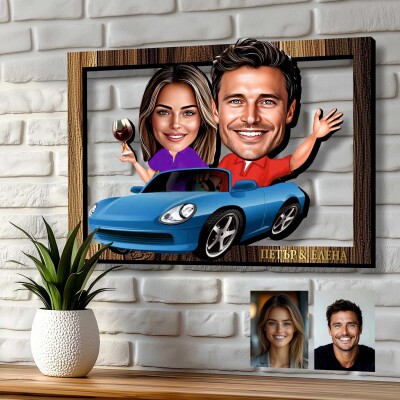 3Д карикатура Двойка в син автомобил 3Д карикатура Двойка в син автомобил