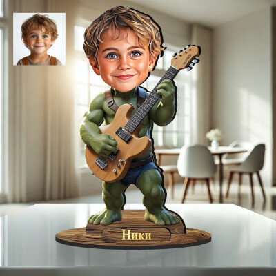 3Д дървен плакет - Карикатура Супергерой с китара 3Д дървен плакет - Карикатура Супергерой с китара