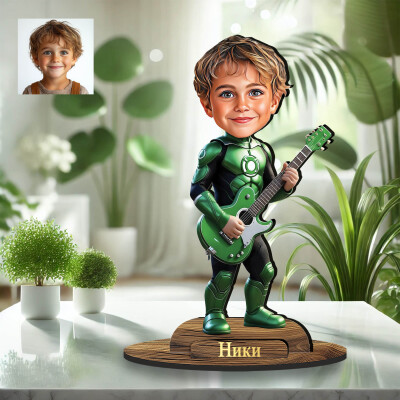 3Д дървен плакет - Карикатура на момче с китара- супергерой 3Д дървен плакет - Карикатура на момче с китара- супергерой
