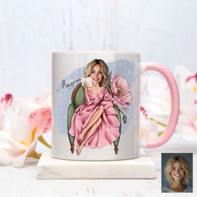 Чаша с карикатура на четяща жена в розово - Нежност с книга Чаша с карикатура на четяща жена в розово - Нежност с книга