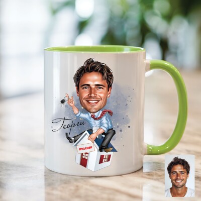 Чаша с карикатура на мъж брокер - Нов дом Чаша с карикатура на мъж брокер - Нов дом