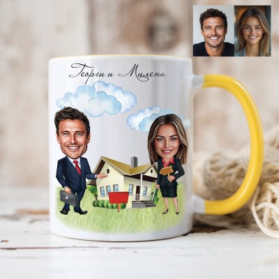 Чаша с карикатура на мъж и жена - двойка брокери Чаша с карикатура на мъж и жена - двойка брокери