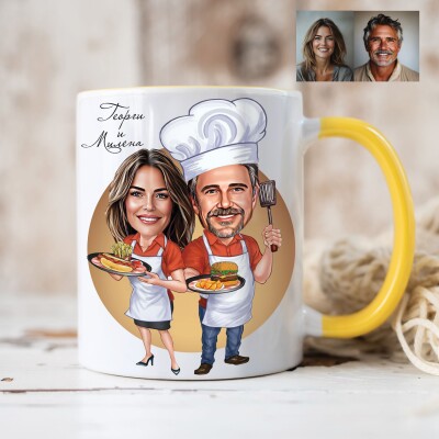 Чаша с карикатура на мъж и жена - двойка готвачи Чаша с карикатура на мъж и жена - двойка готвачи