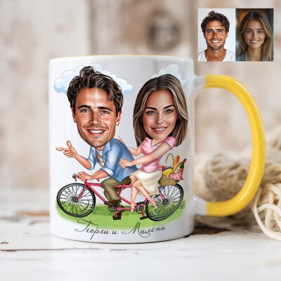 Чаша с карикатура на мъж и жена - двойка с колело Чаша с карикатура на мъж и жена - двойка с колело
