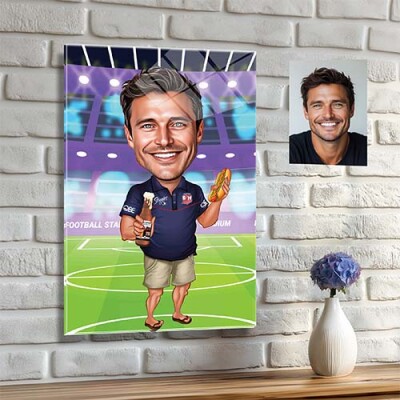 Стъклена карикатура на мъж с бира и хотдог - Запалянко (фен) Стъклена карикатура на мъж с бира и хотдог - Запалянко (фен)