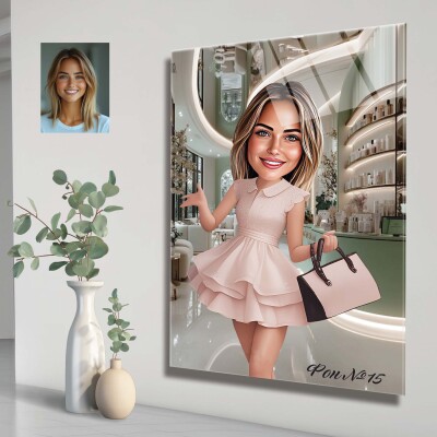 Стъклена карикатура на жена - Момиче на шопинг (пазар) Стъклена карикатура на жена - Момиче на шопинг (пазар)