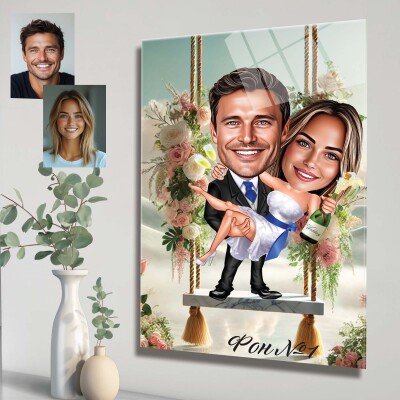 Стъклена карикатура на мъж и жена - Двойка с шампанско Стъклена карикатура на мъж и жена - Двойка с шампанско