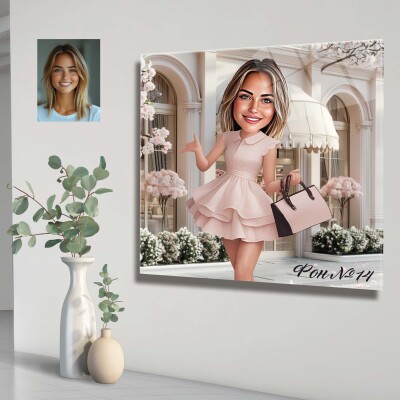 Стъклена карикатура на жена - шопинг Стъклена карикатура на жена - шопинг