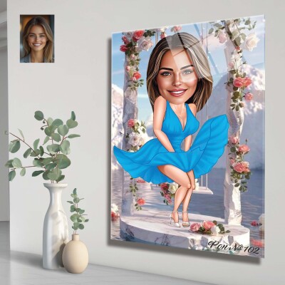 Стъклена карикатура на жена - Малка синя рокля - Мерилинка Стъклена карикатура на жена - Малка синя рокля - Мерилинка