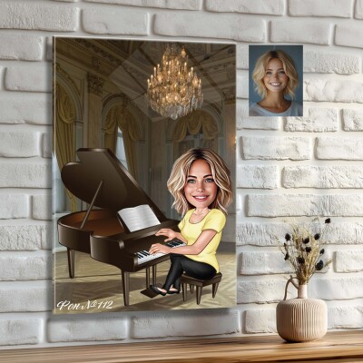 Стъклена карикатура на жена с роял - Пианистка Стъклена карикатура на жена с роял - Пианистка