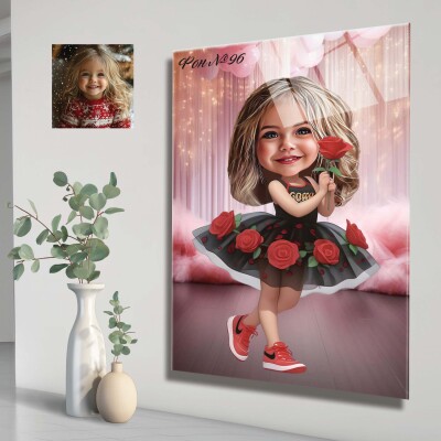 Стъклена карикатура на момиче с рокля на цветя Стъклена карикатура на момиче с рокля на цветя