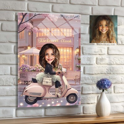 Стъклена карикатура на момиче с мотопед - скутер Стъклена карикатура на момиче с мотопед - скутер