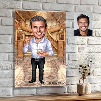 Стъклена карикатура на мъж - шеф с пура и питие Стъклена карикатура на мъж - шеф с пура и питие