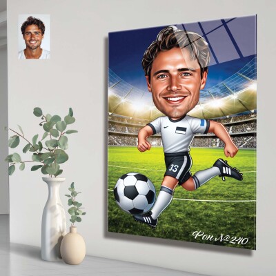 Стъклена карикатура на мъж футболист Стъклена карикатура на мъж футболист
