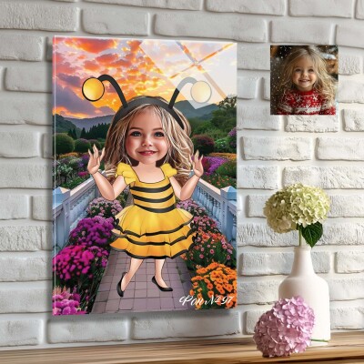 Стъклена карикатура на момиче с костюм на пчела Стъклена карикатура на момиче с костюм на пчела
