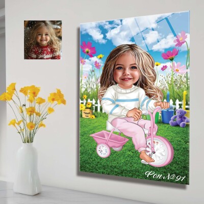 Стъклена карикатура на момиче с колело - тротинетка Стъклена карикатура на момиче с колело - тротинетка