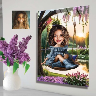 Стъклена карикатура на седнало момиче Стъклена карикатура на седнало момиче