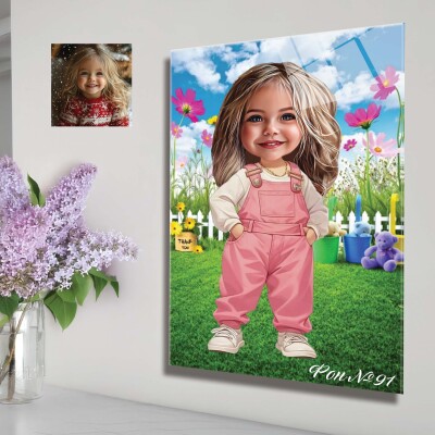 Стъклена карикатура на момиче с розов гащеризон Стъклена карикатура на момиче с розов гащеризон