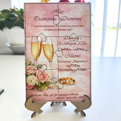 Дървена покана тип пъзел за сватба 001