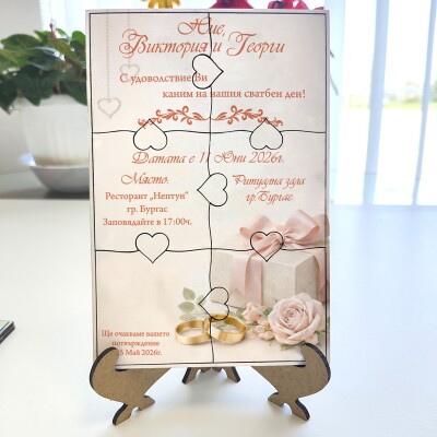 Дървена покана тип пъзел за сватба 003