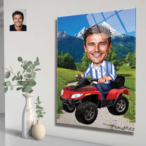 Стъклена карикатура на мъж с бъги - ATV