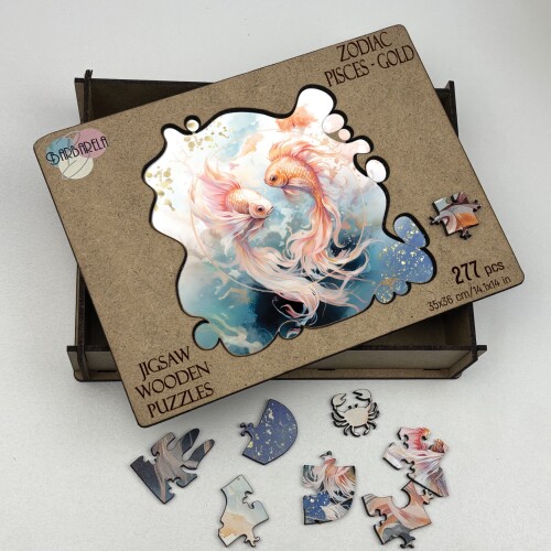 Дървен пъзел "Зодия Риби " Голд –  с фигурни елементи