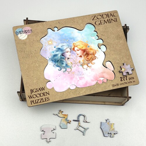Дървен пъзел "Зодия Близнаци" –  с фигурни елементи