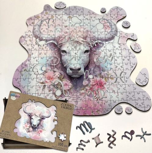 Дървен пъзел "Зодия Телец" –  с фигурни елементи
