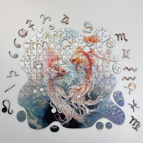 Дървен пъзел "Зодия Риби " Голд –  с фигурни елементи