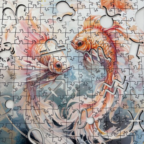 Дървен пъзел "Зодия Риби " Голд –  с фигурни елементи