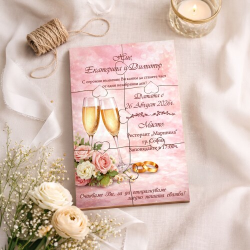 Дървена покана тип пъзел за сватба 001