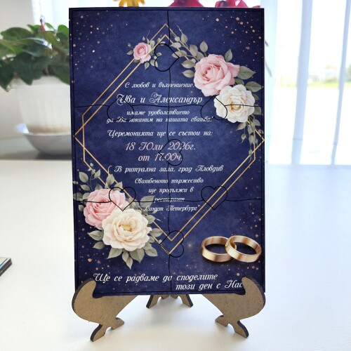 Дървена покана тип пъзел за сватба 002