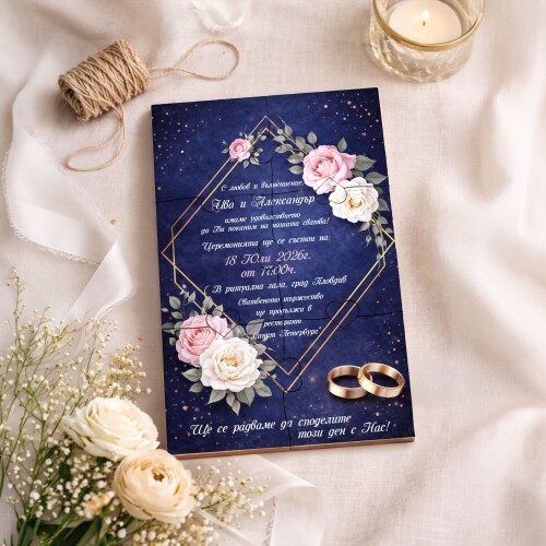 Дървена покана тип пъзел за сватба 002