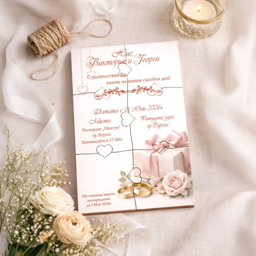 Дървена покана тип пъзел за сватба 003