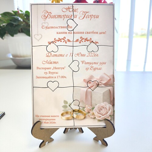 Дървена покана тип пъзел за сватба 003