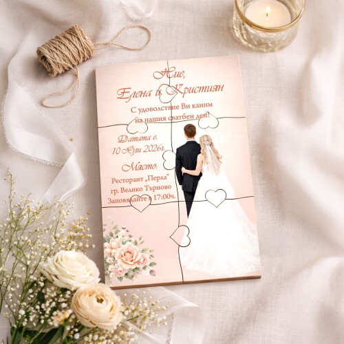 Дървена покана тип пъзел за сватба 004