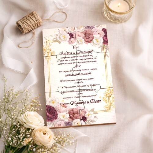 Дървена покана тип пъзел за сватба 008