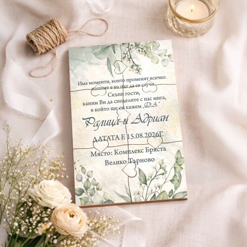 Дървена покана тип пъзел за сватба 010