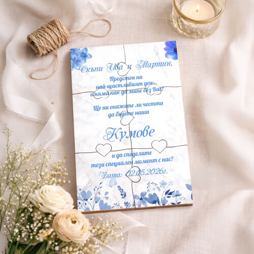 Дървена покана тип пъзел за кумове 011