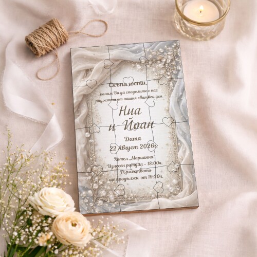 Дървена покана тип пъзел за сватба 020