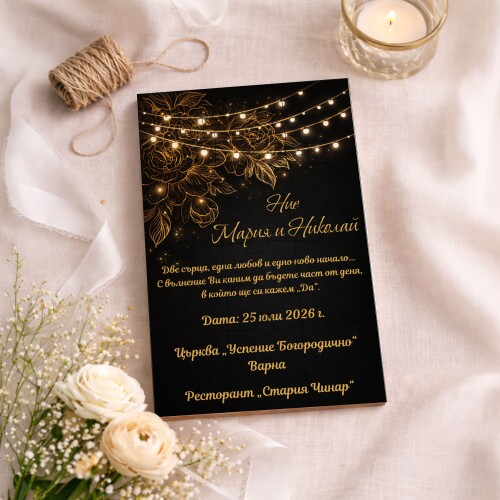 Дървена покана тип пъзел за сватба 023