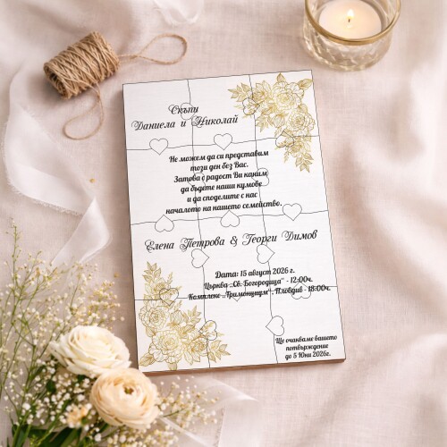 Дървена покана тип пъзел за кумове 025