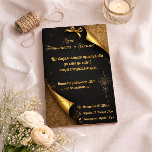 Дървена покана тип пъзел за сватба 026