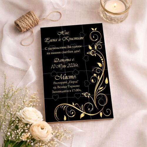 Дървена покана тип пъзел за сватба 027