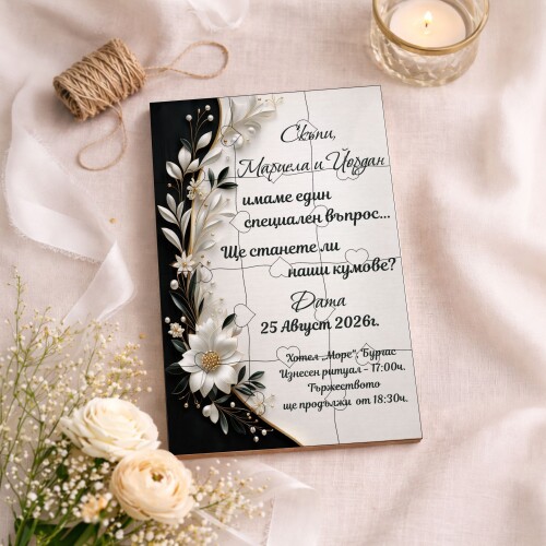 Дървена покана тип пъзел за кумове 028