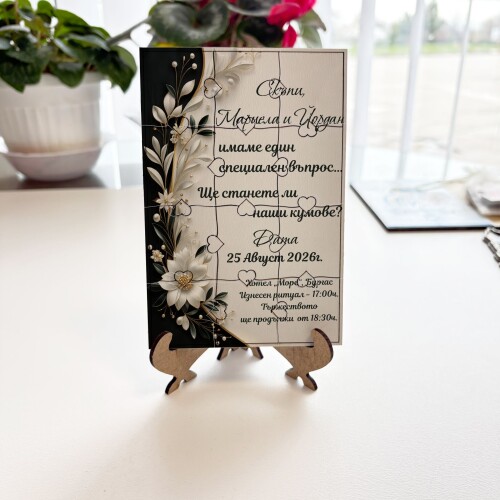 Дървена покана тип пъзел за кумове 028